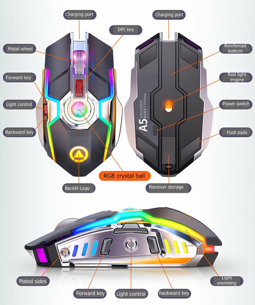 Kabellose RGB Gaming-Maus mit Akku und Stummschaltung