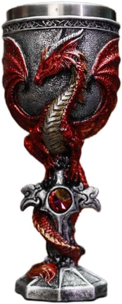 ZONSUSE Mittelalter Drache Kelch, Gotischer Drachen Kelch, Flugsaurier Edelstahl Weinkelch, Roter Drache auf Kreuzsockel, Magischer Dragon Goblet,Idee Geschenk für Fantasy Fans 200ml (Rot Goblet)