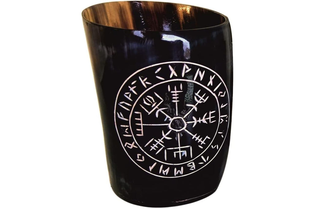 Hornbecher Vegvisir - Gravierter Becher aus Horn - Trinkhorn für Wikinger Met, 1 Stück (1er Pack), Schwarz