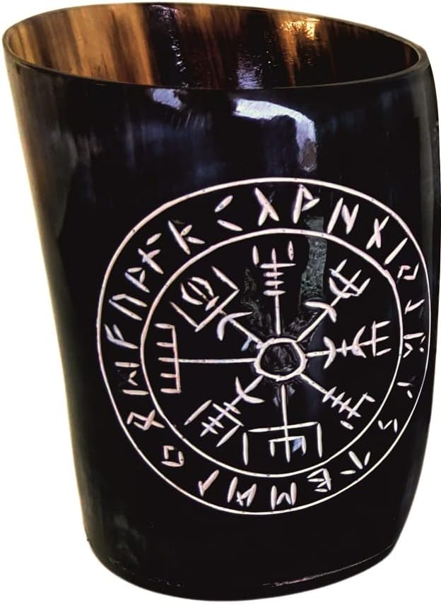 Hornbecher Vegvisir - Gravierter Becher aus Horn - Trinkhorn für Wikinger Met, 1 Stück (1er Pack), Schwarz