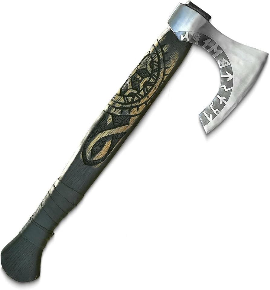 Viking Beard Axe with Handmade ash Wood Handle and Camoing Axe with Runes Engraved