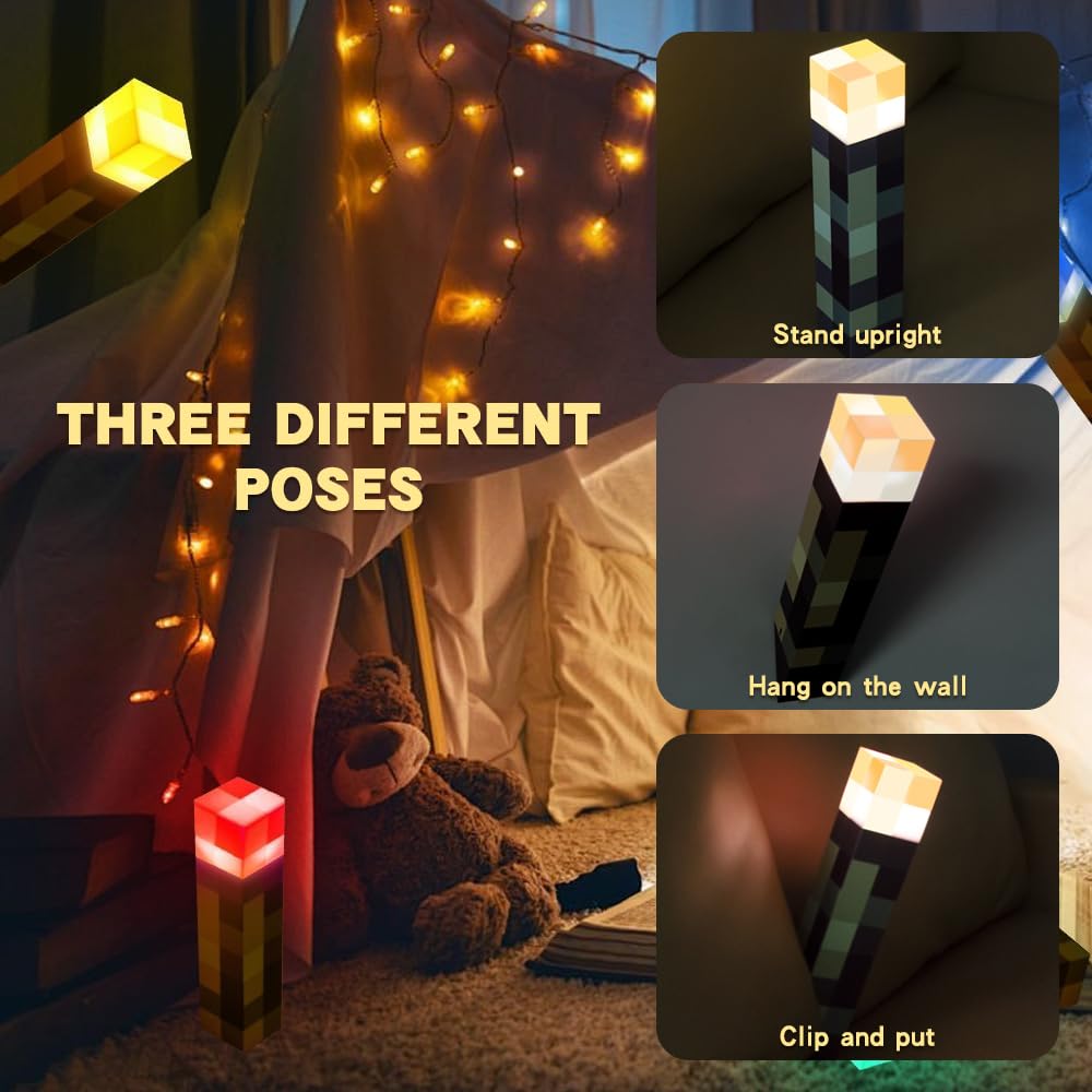4 Farben Wall Fackel Nachtlicht, 28cm Lampe Fackel Wandlampe, Lampe Fackel beleuchtung mit Sound und Haken, USB wiederaufladbar für 3D Kinderzimmer Gaming Room, Decoration