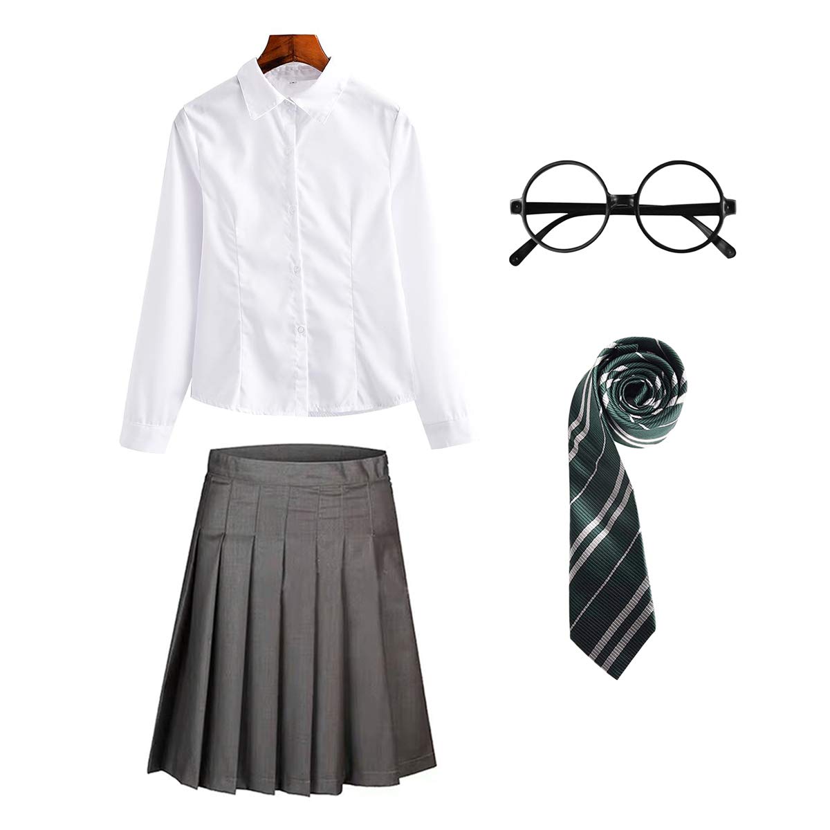 FStory&Winyee Zauberer Set Bluse Rock Weste Krawatte Brille Kostüm Zubehör für Kinder Erwachsene Zubehör Set Striped Tie Gestreifte Krawatte zum Karneval Fasching Halloween