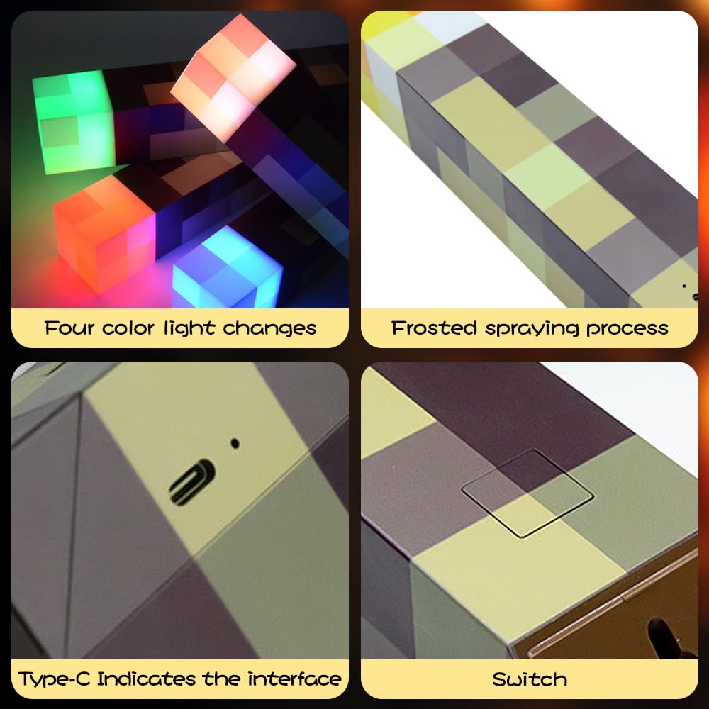 4 Farben Wall Fackel Nachtlicht, 28cm Lampe Fackel Wandlampe, Lampe Fackel beleuchtung mit Sound und Haken, USB wiederaufladbar für 3D Kinderzimmer Gaming Room, Decoration