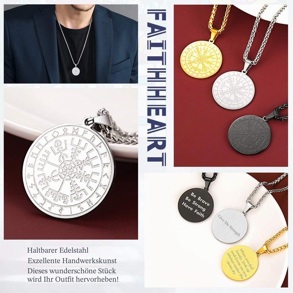 FaithHeart Wikingerhalskette für Herren, Vegvisir-Kompass, Edelstahl, Kette 55 + 5 cm, nordischer Mythologie-Schmuck