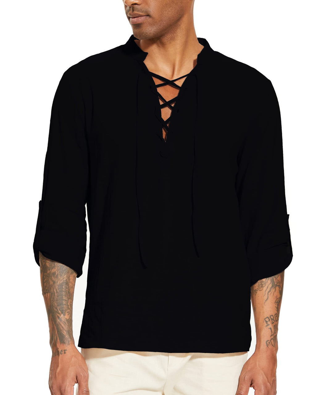 LUYANA Leinenhemd Herren Langarm Freizeithemd Ghillie Kilt Shirt