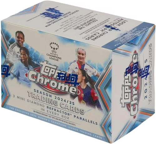 2024/25 Topps Chrome UEFA Damen Champions League Soccer Blaster Sammelkarte 7er-Pack Blaster-Box (3 Mini-Diamant-Refraktor-Parallelen pro Box)