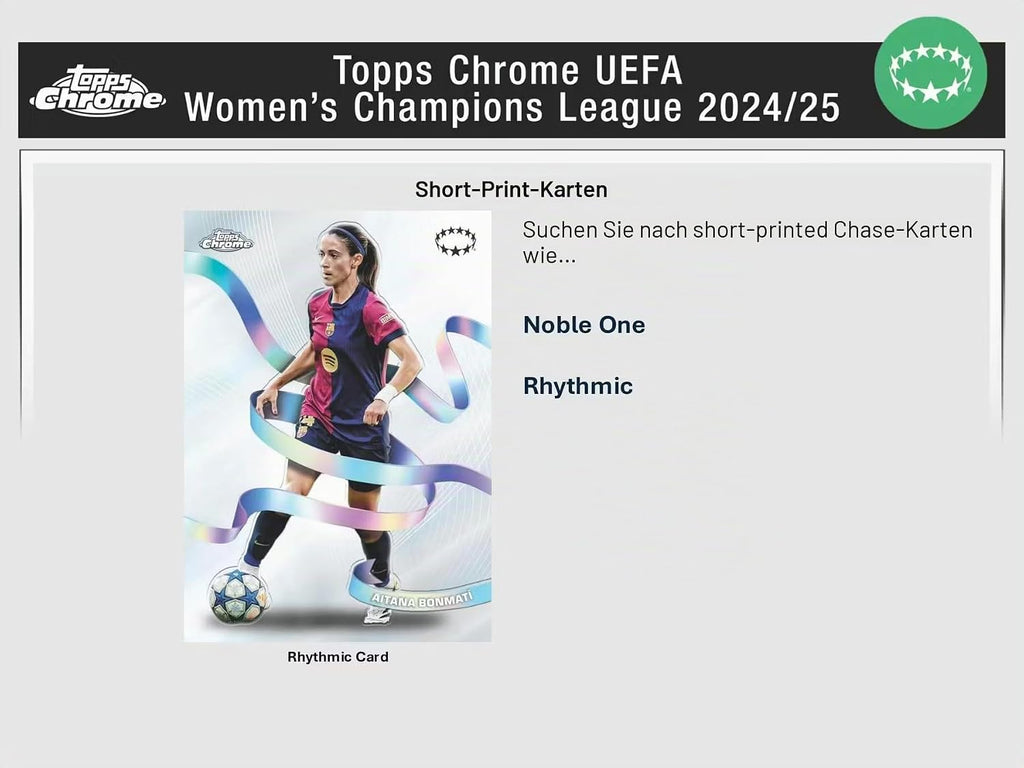 2024/25 Topps Chrome UEFA Damen Champions League Soccer Blaster Sammelkarte 7er-Pack Blaster-Box (3 Mini-Diamant-Refraktor-Parallelen pro Box)