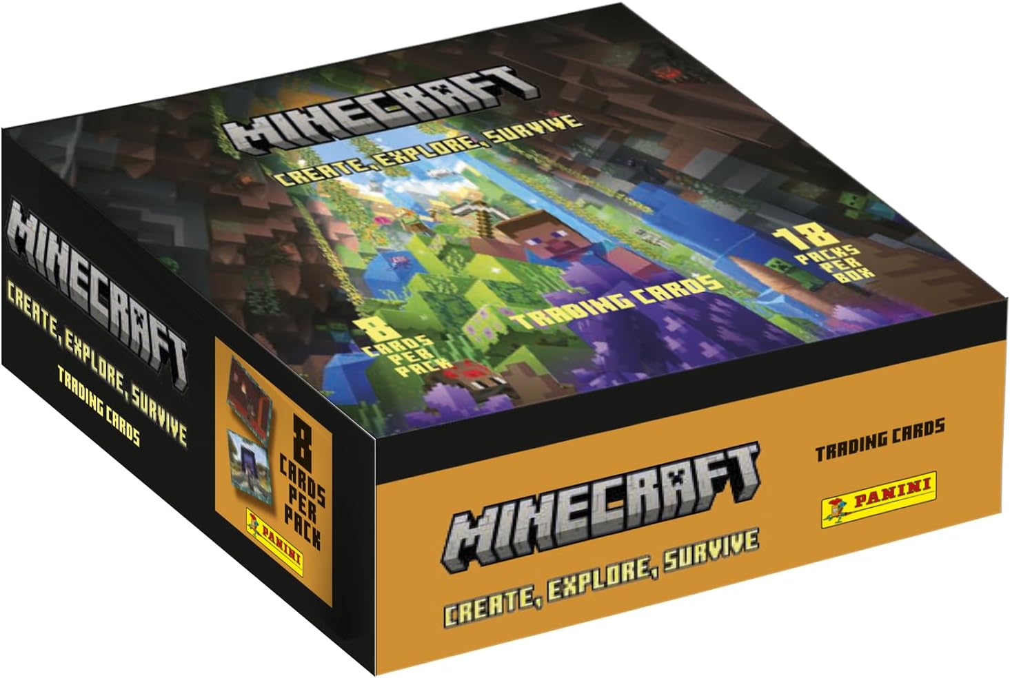 Panini Minecraft 004734BOX18F Sammelkarten 3-Create, Explore, Survive, Box mit 18 Taschen