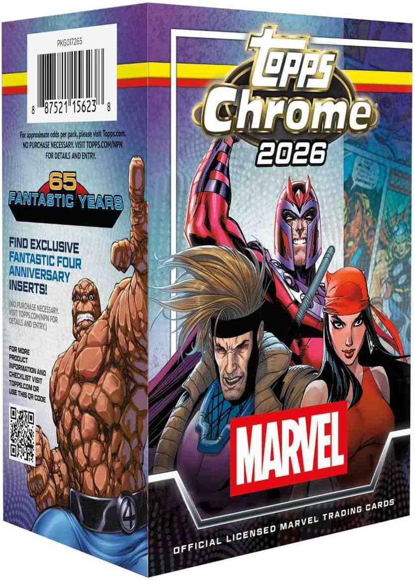 2026 Topps Chrome® Marvel-Comics – Vorteilsbox (4 Karten pro Packung, 8 Packungen pro Box) Finden Sie exklusive fantastische Vier-Jubiläumseinsätze!