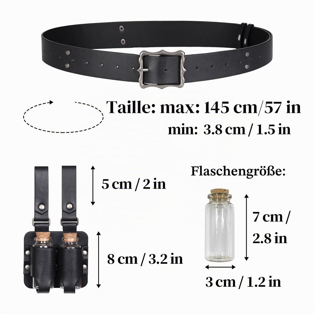 HiiFeuer 3-teiliges Set Mittelalterliche Alchemie Gürtel-Elixierflaschen,Fantasie Verstellbare Glasfläschchen, Hexen & Zauberer Kostüm für Ren Faire