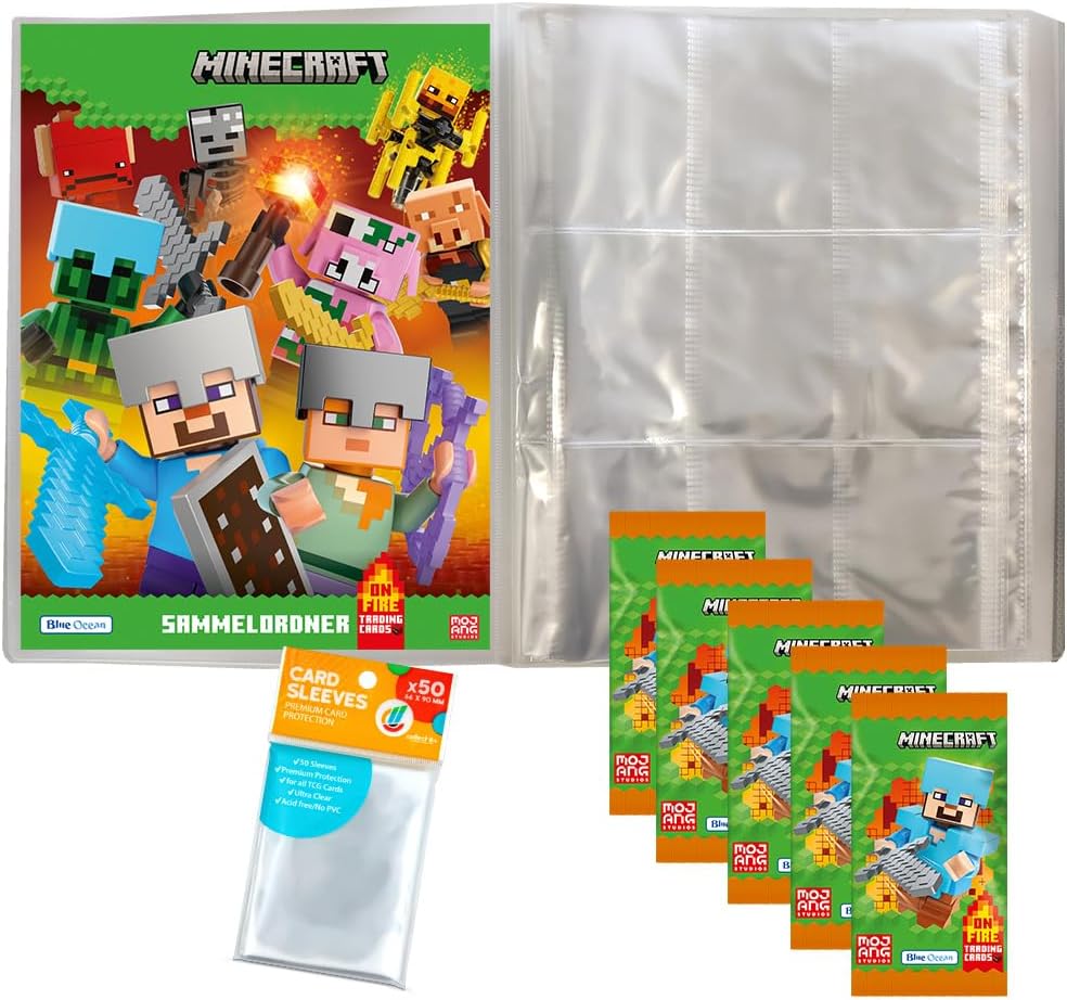 Bundle mit Minecraft Serie 3 Trading Cards - 1 Leere Sammelmappe + 5 Booster + Exklusive Collect-it Hüllen