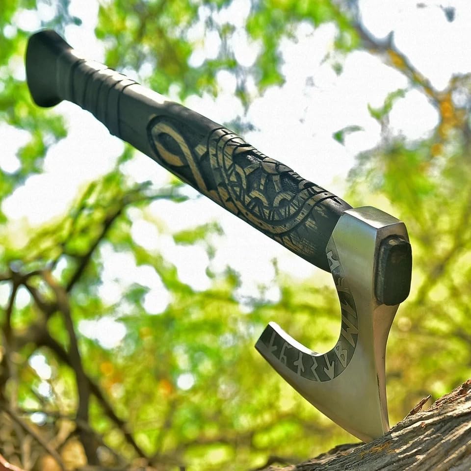 Viking Beard Axe with Handmade ash Wood Handle and Camoing Axe with Runes Engraved