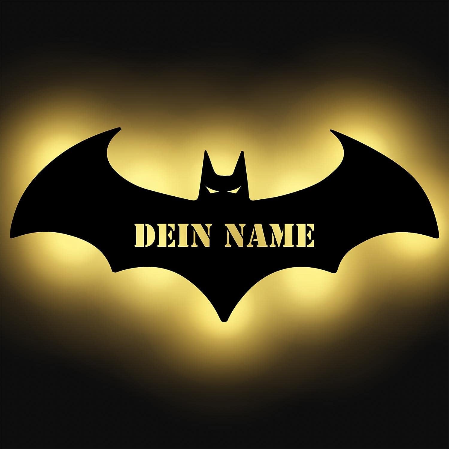 Namofactur® - LED Deko Schlummerlicht Nacht-Licht Fledermaus personalisiert mit Wunsch Namen Lasergravur Wand-Lampe Kinderzimmer Wohnzimmer Geschenk