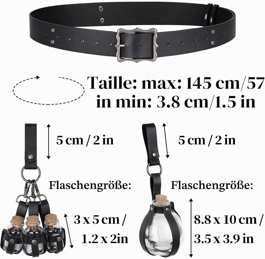 HiiFeuer 3-teiliges Set Mittelalterliche Alchemie Gürtel-Elixierflaschen,Fantasie Verstellbare Glasfläschchen, Hexen & Zauberer Kostüm für Ren Faire
