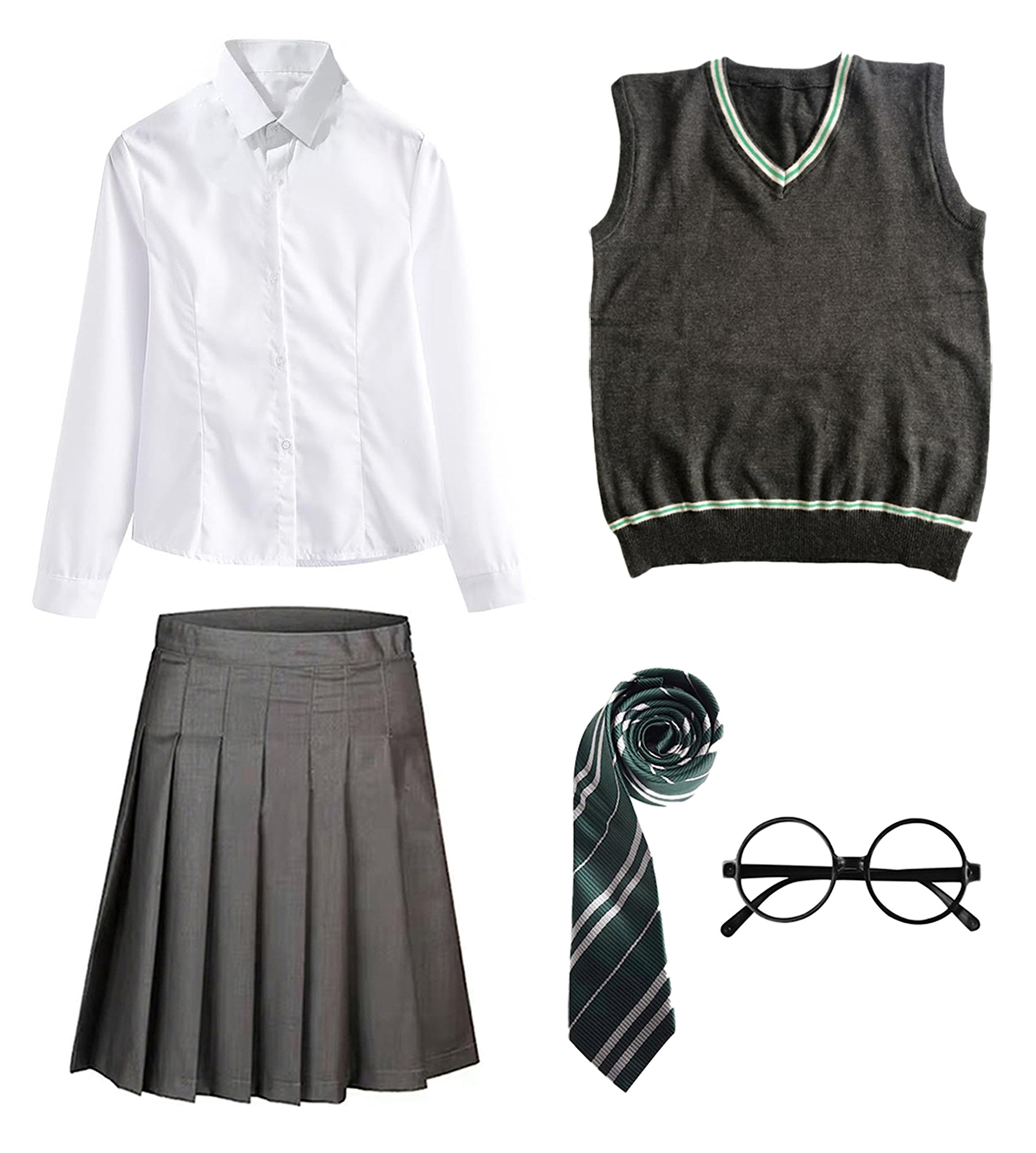 FStory&Winyee Zauberer Set Bluse Rock Weste Krawatte Brille Kostüm Zubehör für Kinder Erwachsene Zubehör Set Striped Tie Gestreifte Krawatte zum Karneval Fasching Halloween