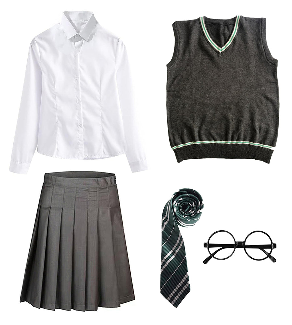 FStory&Winyee Zauberer Set Bluse Rock Weste Krawatte Brille Kostüm Zubehör für Kinder Erwachsene Zubehör Set Striped Tie Gestreifte Krawatte zum Karneval Fasching Halloween