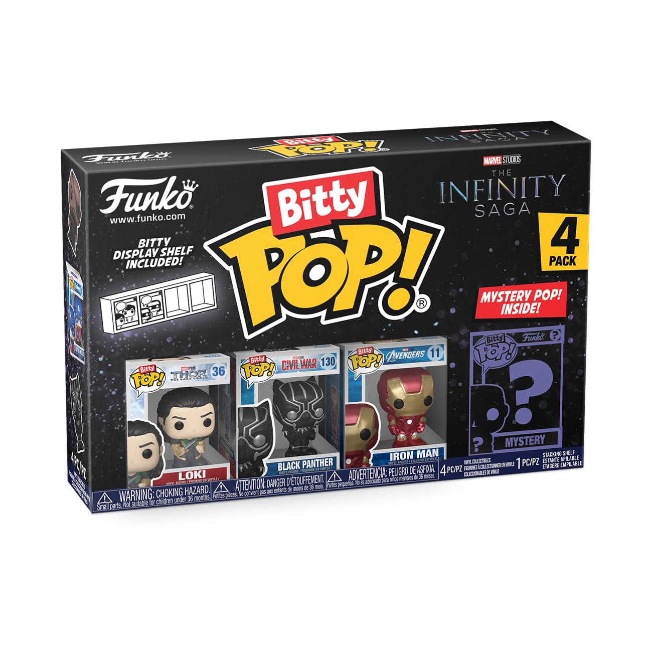 Funko Bitty Pop! Marvel - Loki 4PK - Loki, Black Panther, Iron Man (VII) und eine Überraschungs-Mini-Figur - 0.9 Inch (2.2 cm) - Marvel Comics Sammlerstück Stapelbares Display-Regal Inklusive