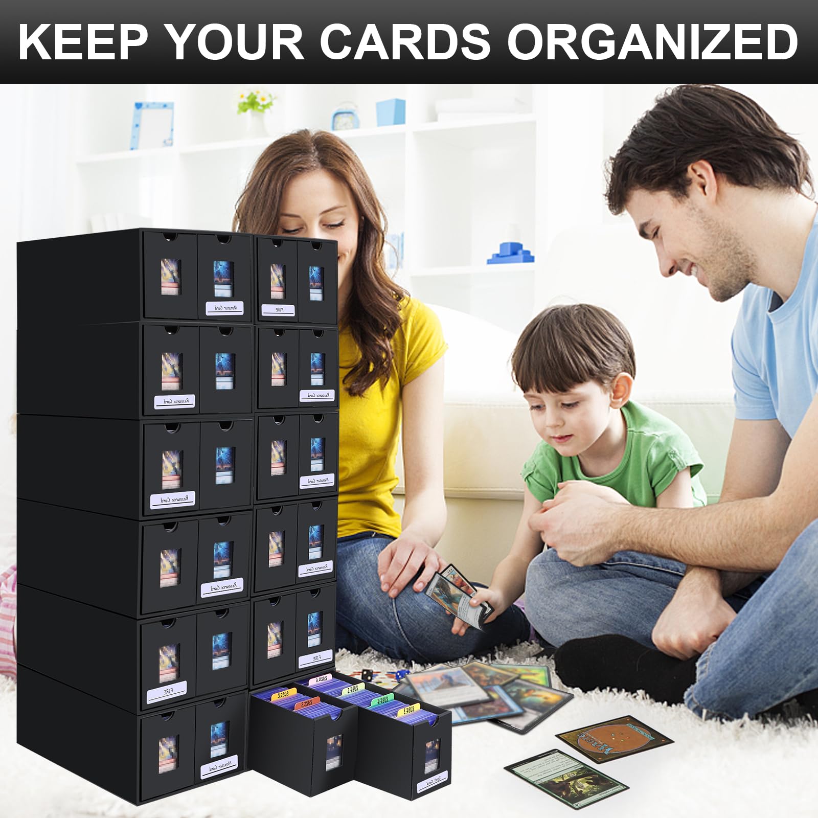 AOBOPLE Karten Box für 12000+ Trading Card,Sammelkarten-Aufbewahrungsbox mit 48 Kartenteiler,Etiketten Klebeband und Schubladen,Sammelkarten Box Trading Card Box für TCG,MTG,PTCG,Sports Karten