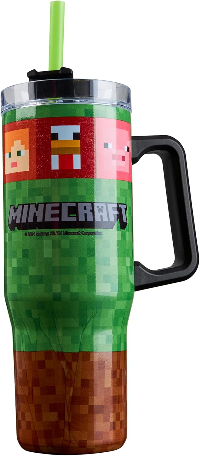 Minecraft Trinkbecher mit Deckel und Strohhalm 940ml, Thermobecher mit Henkel Doppelwandig Isoliert, Hält 17h Kalt, 8h Heiß & 45h Eisgekühlt