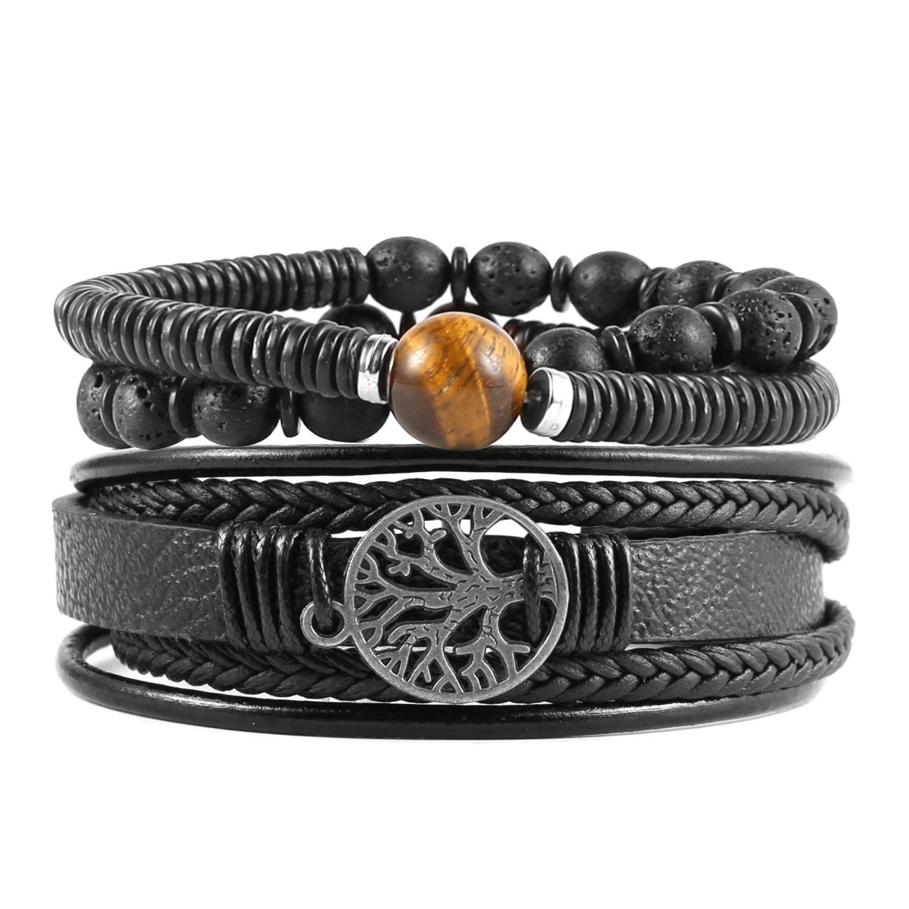 HZMAN Echtes Leder Baum des Lebens Armbänder Männer Frauen, Tigerauge Naturstein Lava Rock Perlen Ethnische Tribal elastische Armbänder Armbänder (2Pcs)