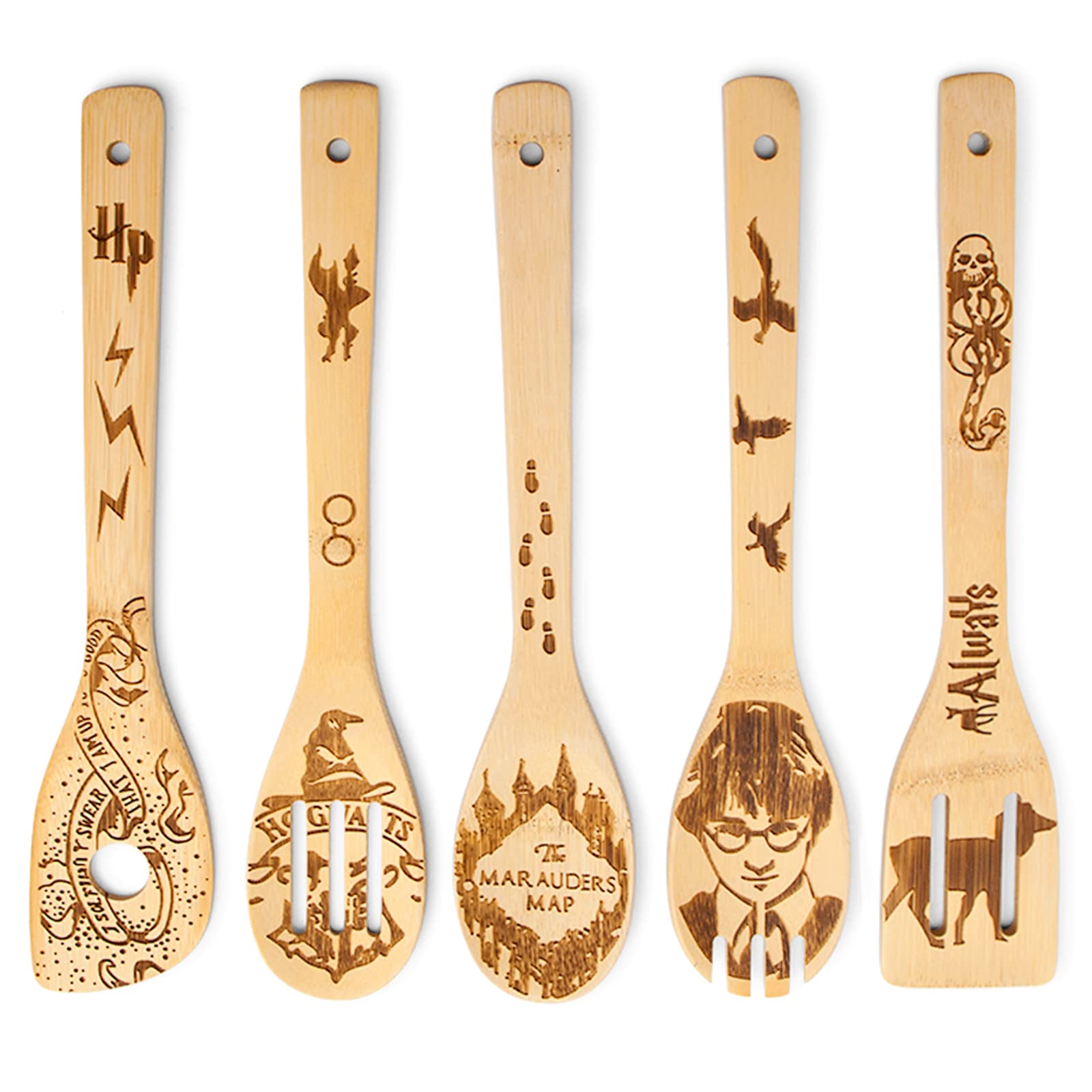 Gravierte Holzlöffel-Set mit 5 – Lustige Harry Geschenke Kochlöffel, Küchenutensilien zum Kochen, Einweihungsgeschenk, Harry Weihnachten Geschenke für Frauen oder Männer (Küche/Deko)
