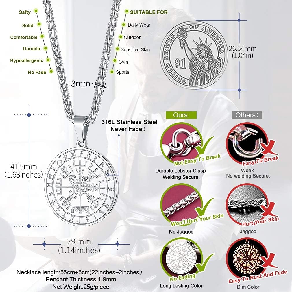 FaithHeart Wikingerhalskette für Herren, Vegvisir-Kompass, Edelstahl, Kette 55 + 5 cm, nordischer Mythologie-Schmuck