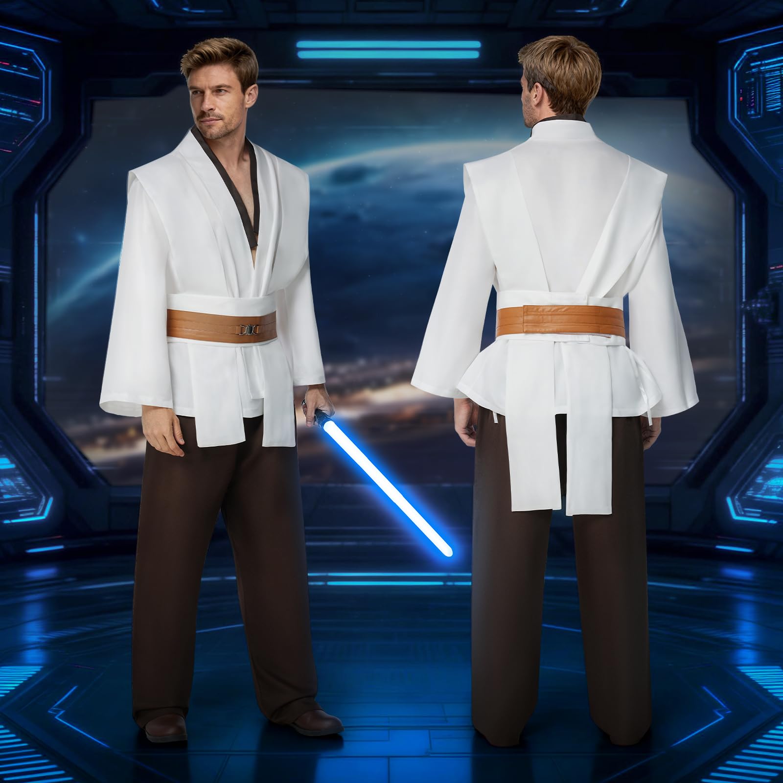 jedi-Kostüm Herren, jedi-Robe Herren Set jedis-Outfit Erwachsene jedis-Kleidung Erwachsene mit Blau Lightsaber, Kapuzenumhang und Mittelalter Tunika für Halloween, Karneval