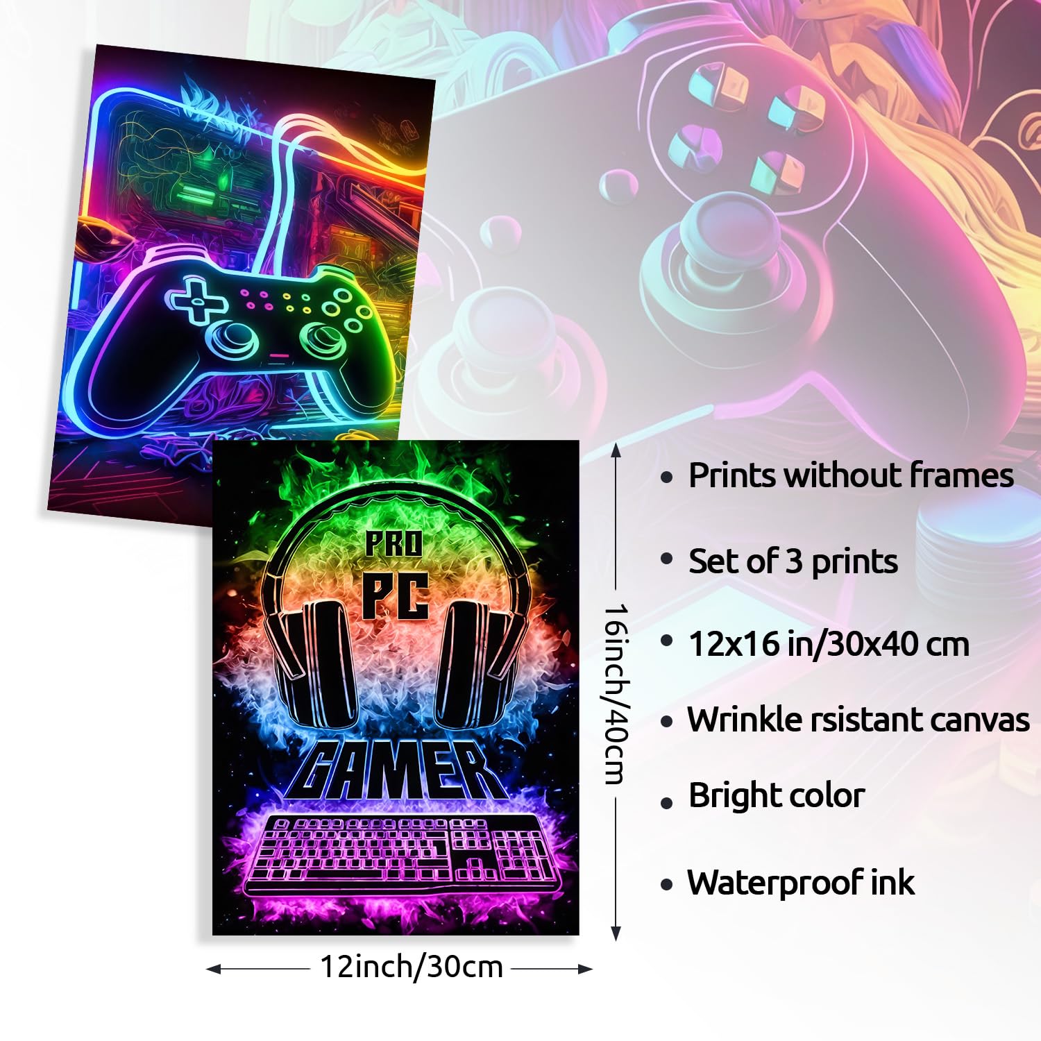 Dazzlewall 3Pcs Spiel WandBilder Cool Neon Gaming Bilder für Teen Jungen Zimmer Schlafsaal Spiel Zimmer Dekor 30×40 cm Ungerahmt
