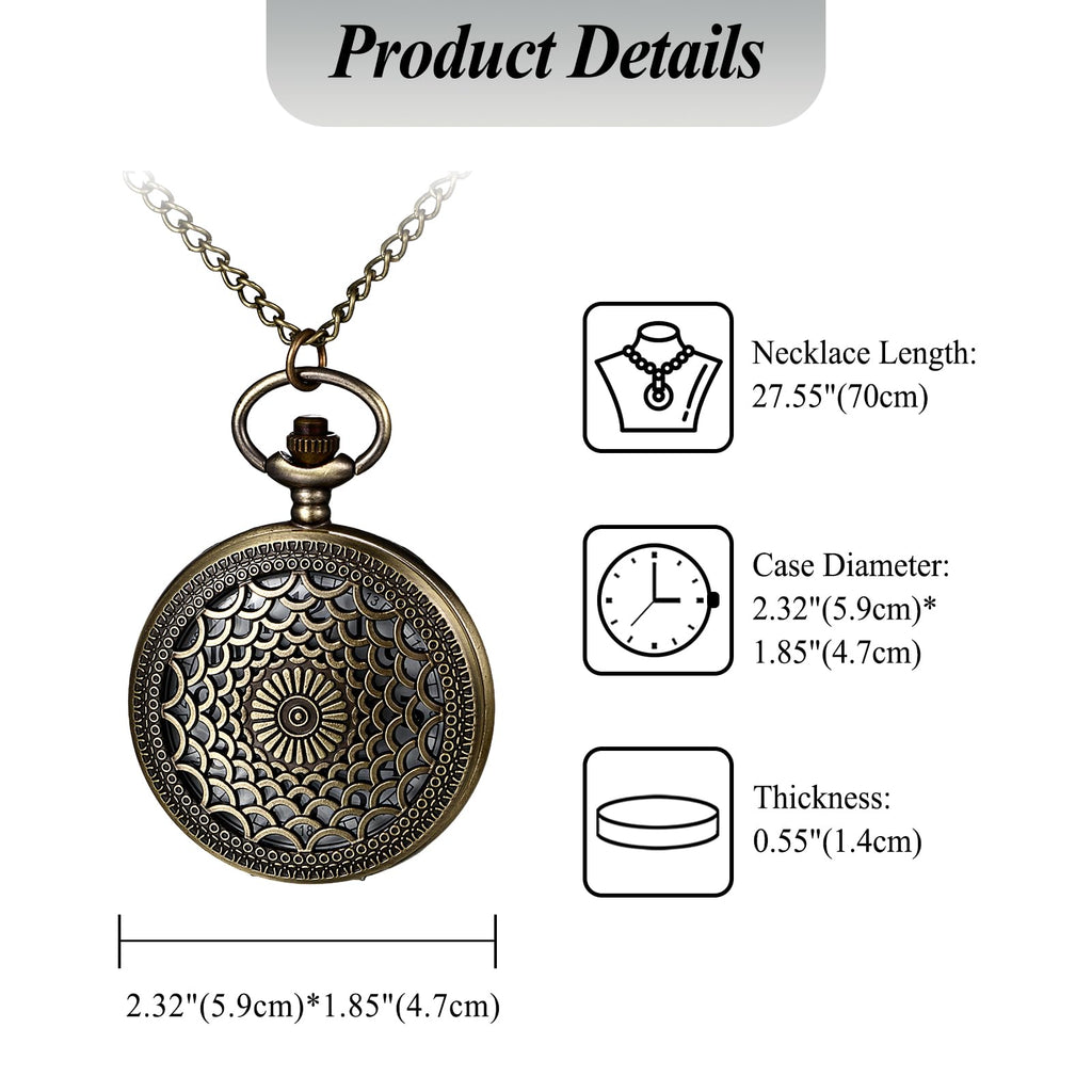 JewelryWe Taschenuhr Herren Damen Vintage: Retro Analog Quarz Kettenuhr Uhr Umhängeuhr mit Halskette Kette Pocket Watch Bronze Unisex Geschenk