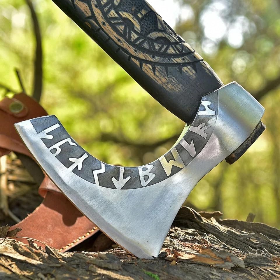 Viking Beard Axe with Handmade ash Wood Handle and Camoing Axe with Runes Engraved