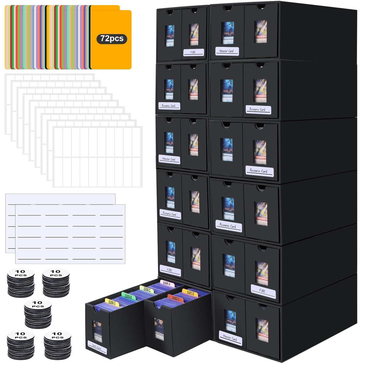 AOBOPLE Karten Box für 12000+ Trading Card,Sammelkarten-Aufbewahrungsbox mit 48 Kartenteiler,Etiketten Klebeband und Schubladen,Sammelkarten Box Trading Card Box für TCG,MTG,PTCG,Sports Karten
