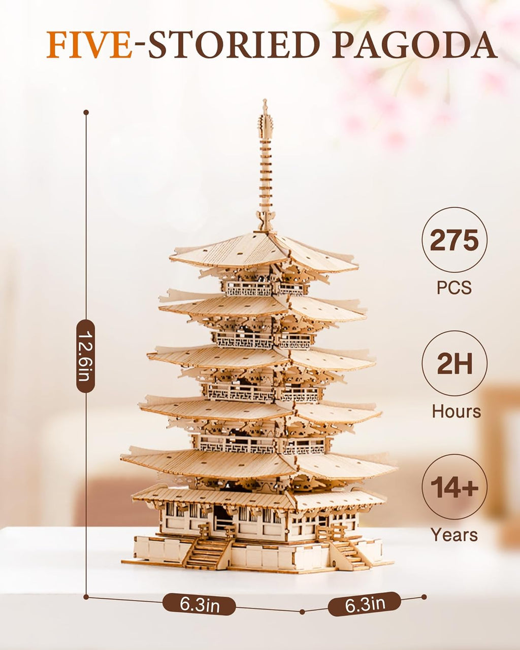 Rolife Modellbau Fünfstöckige Pagode 3D Puzzles für Erwachsene Modellbausatz Erwachsene Japanische Holz Puzzle Holzmodelle Japanische Deko Kreatives Geschenk