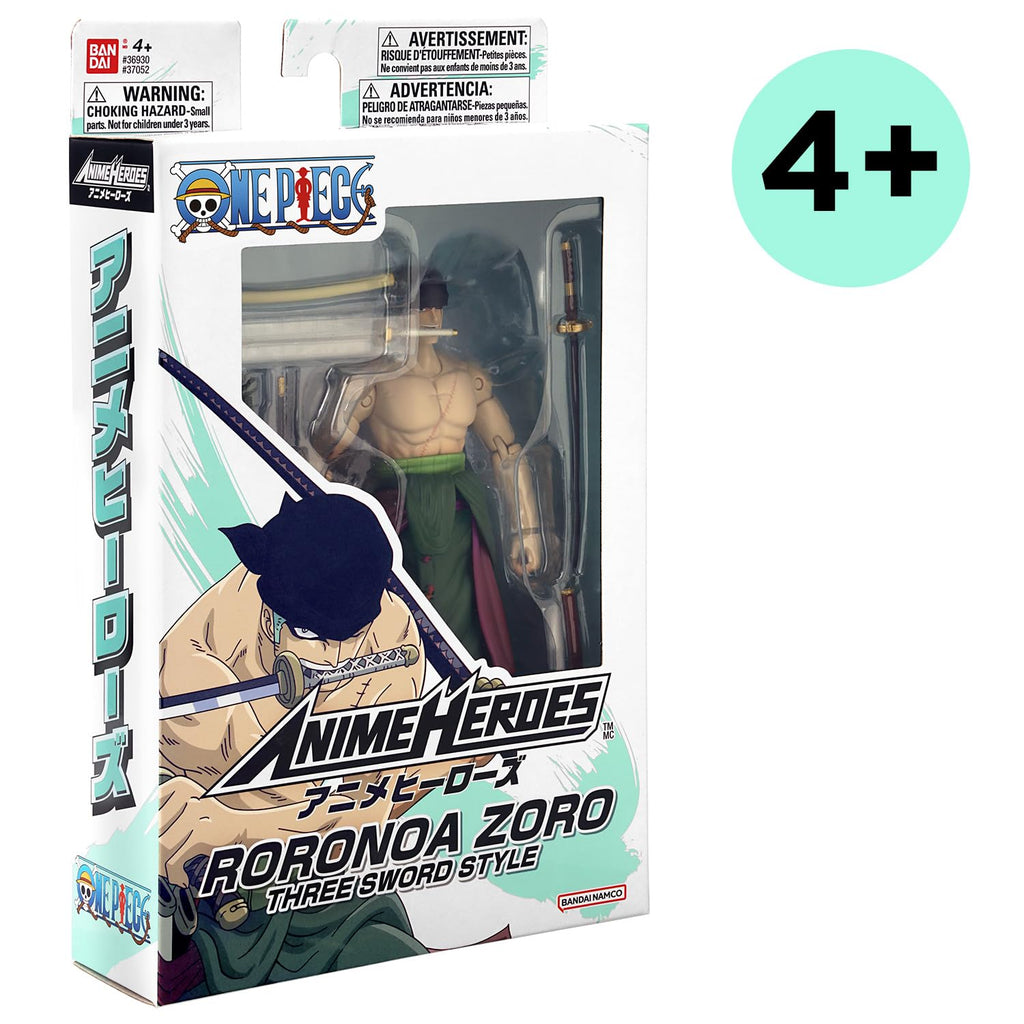 BANDAI – Anime Heroes – One Piece Figur – Lorenor Zorro 17 cm Three Sword Style – Offizielle Lizenz One Piece – Bewegliche Manga Figur Zorro 3 Schwerter – Spielzeug für Kinder ab 4 Jahren – 37052