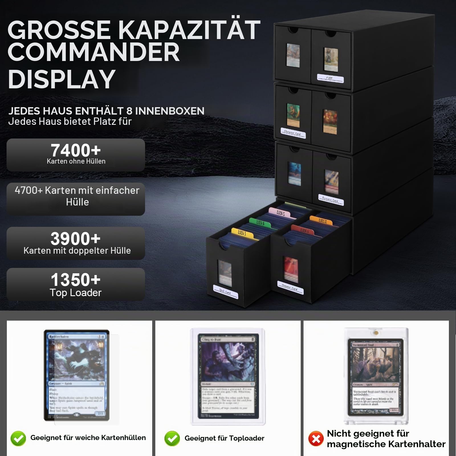 AOBOPLE Karten Box für 12000+ Trading Card,Sammelkarten-Aufbewahrungsbox mit 48 Kartenteiler,Etiketten Klebeband und Schubladen,Sammelkarten Box Trading Card Box für TCG,MTG,PTCG,Sports Karten