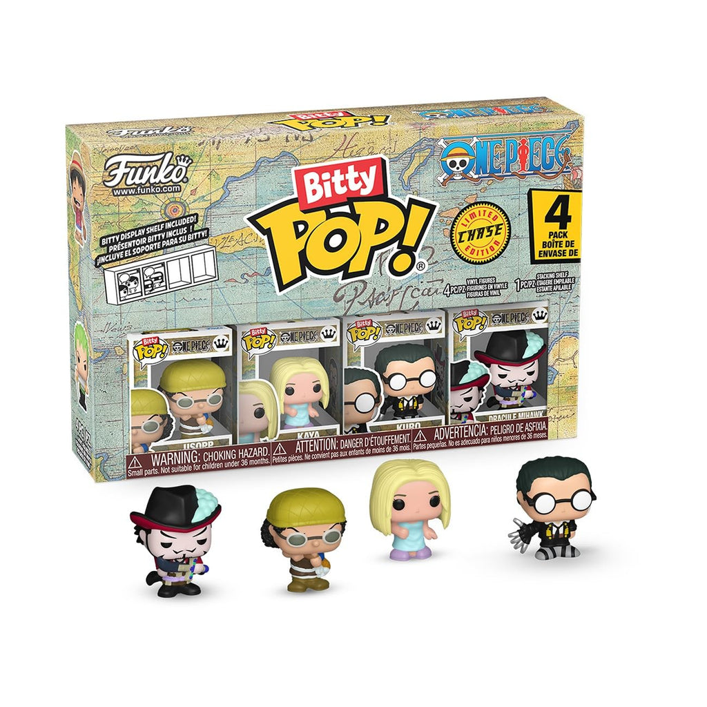 Funko Bitty POP! 4 Pack: One Piece - Usopp, Kaya, Kuro, Mystery Mini Figure - 1 in 6 Chance of Receiving the Rare Chase Variant - Styles May Vary - 0,9 Zoll (2,2 cm) Sammelbar - Geschenkidee | 1 von 6 Chance auf seltene Chase-Variante, Stile können variie