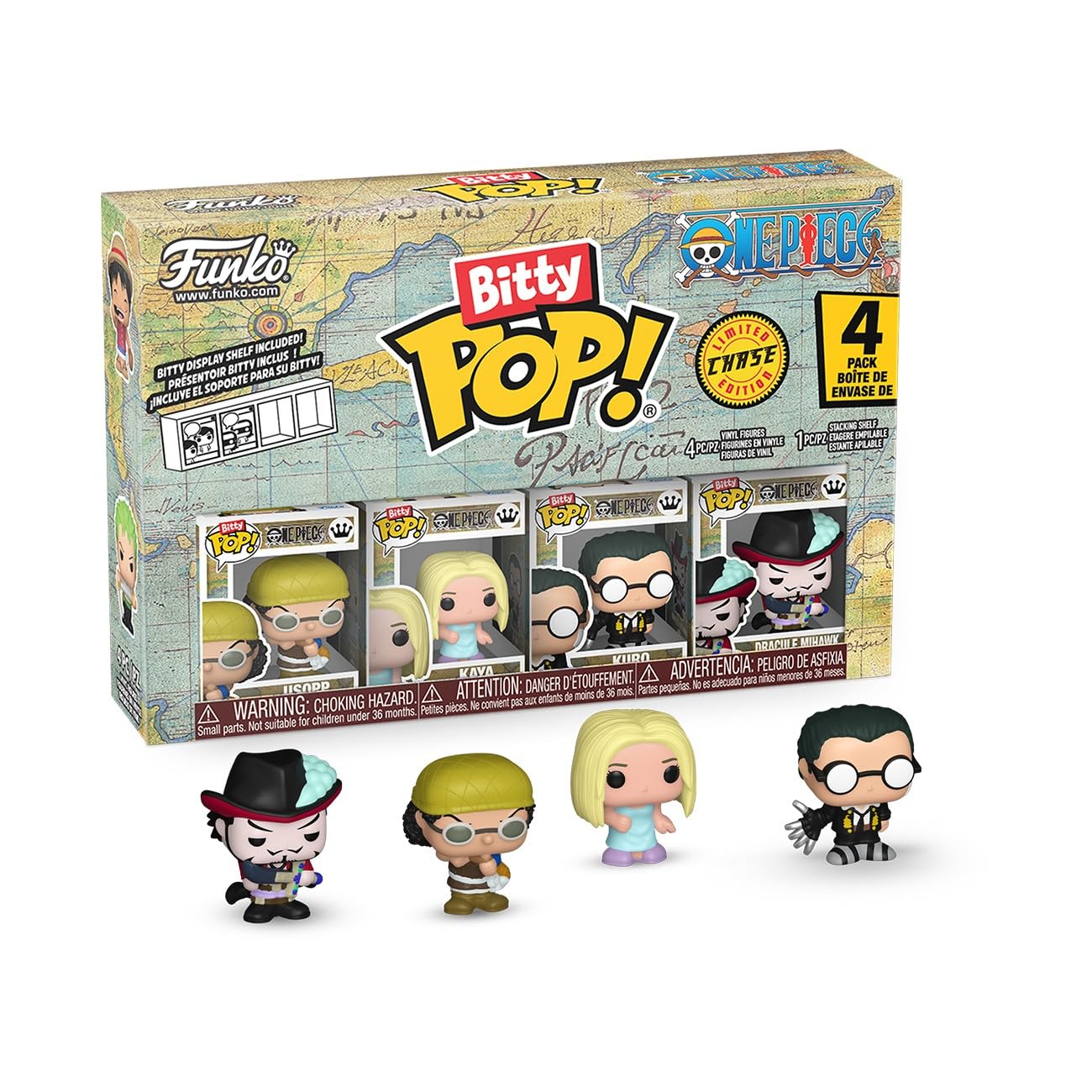 Funko Bitty POP! 4 Pack: One Piece - Usopp, Kaya, Kuro, Mystery Mini Figure - 1 in 6 Chance of Receiving the Rare Chase Variant - Styles May Vary - 0,9 Zoll (2,2 cm) Sammelbar - Geschenkidee | 1 von 6 Chance auf seltene Chase-Variante, Stile können variie