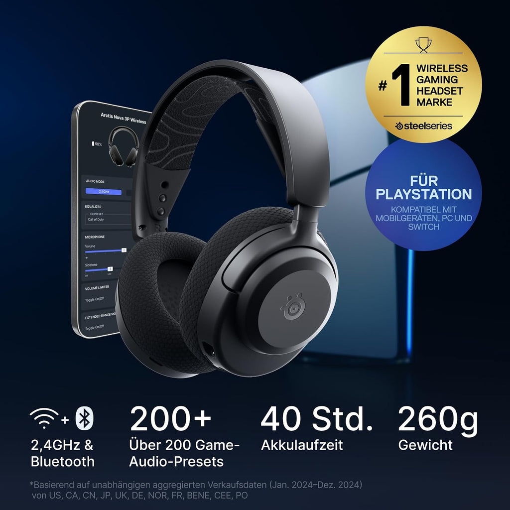 SteelSeries Arctis Nova 3P Wireless - PS5 Headset & PC Gaming Headset – App-Steuerung – 40 Std. Akku – Neodym-Magnet-Treiber – 2,4 GHz/Bluetooth – Abnehmbares Mikrofon – Für PS5, PC, Switch - Schwarz