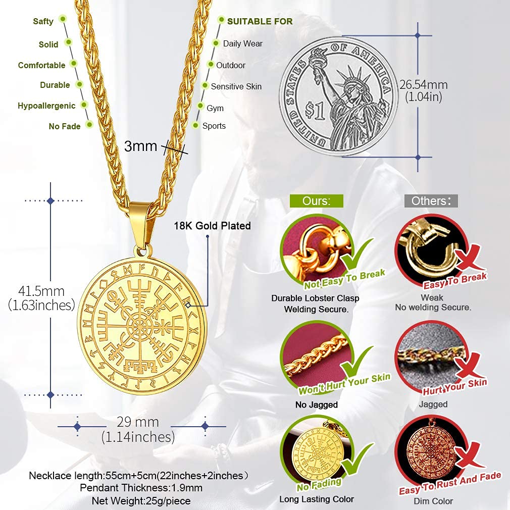 FaithHeart Wikingerhalskette für Herren, Vegvisir-Kompass, Edelstahl, Kette 55 + 5 cm, nordischer Mythologie-Schmuck