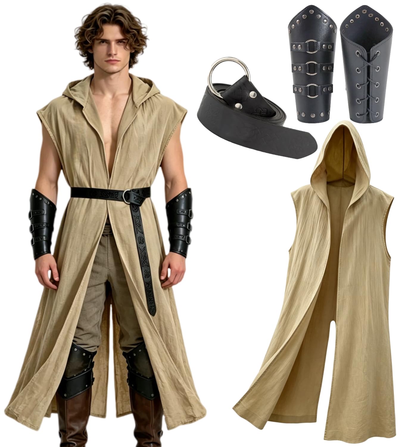 kasahara Mittelalter Kleidung Herren Set, Ärmellose WESTE Umhang mit Kapuze Renaissance Kostüm Damen Wikinger Ritter Outfit für Halloween Karneval Unisex Erwachsene Faschingskostüme
