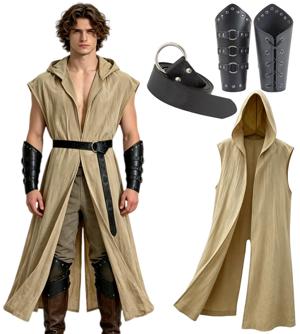 kasahara Mittelalter Kleidung Herren Set, Ärmellose WESTE Umhang mit Kapuze Renaissance Kostüm Damen Wikinger Ritter Outfit für Halloween Karneval Unisex Erwachsene Faschingskostüme