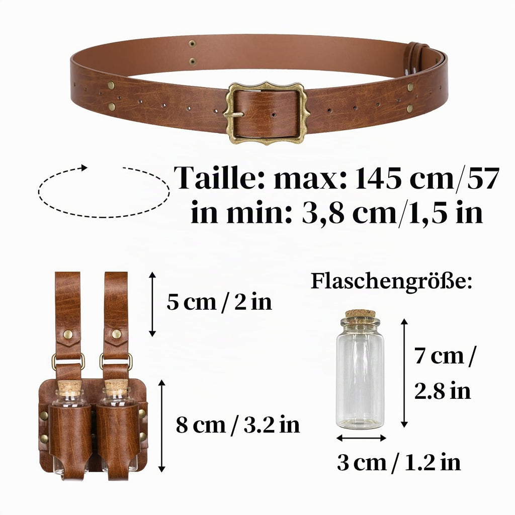 HiiFeuer 3-teiliges Set Mittelalterliche Alchemie Gürtel-Elixierflaschen,Fantasie Verstellbare Glasfläschchen, Hexen & Zauberer Kostüm für Ren Faire