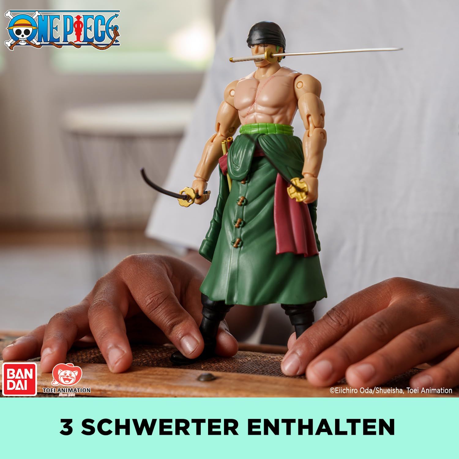 BANDAI – Anime Heroes – One Piece Figur – Lorenor Zorro 17 cm Three Sword Style – Offizielle Lizenz One Piece – Bewegliche Manga Figur Zorro 3 Schwerter – Spielzeug für Kinder ab 4 Jahren – 37052