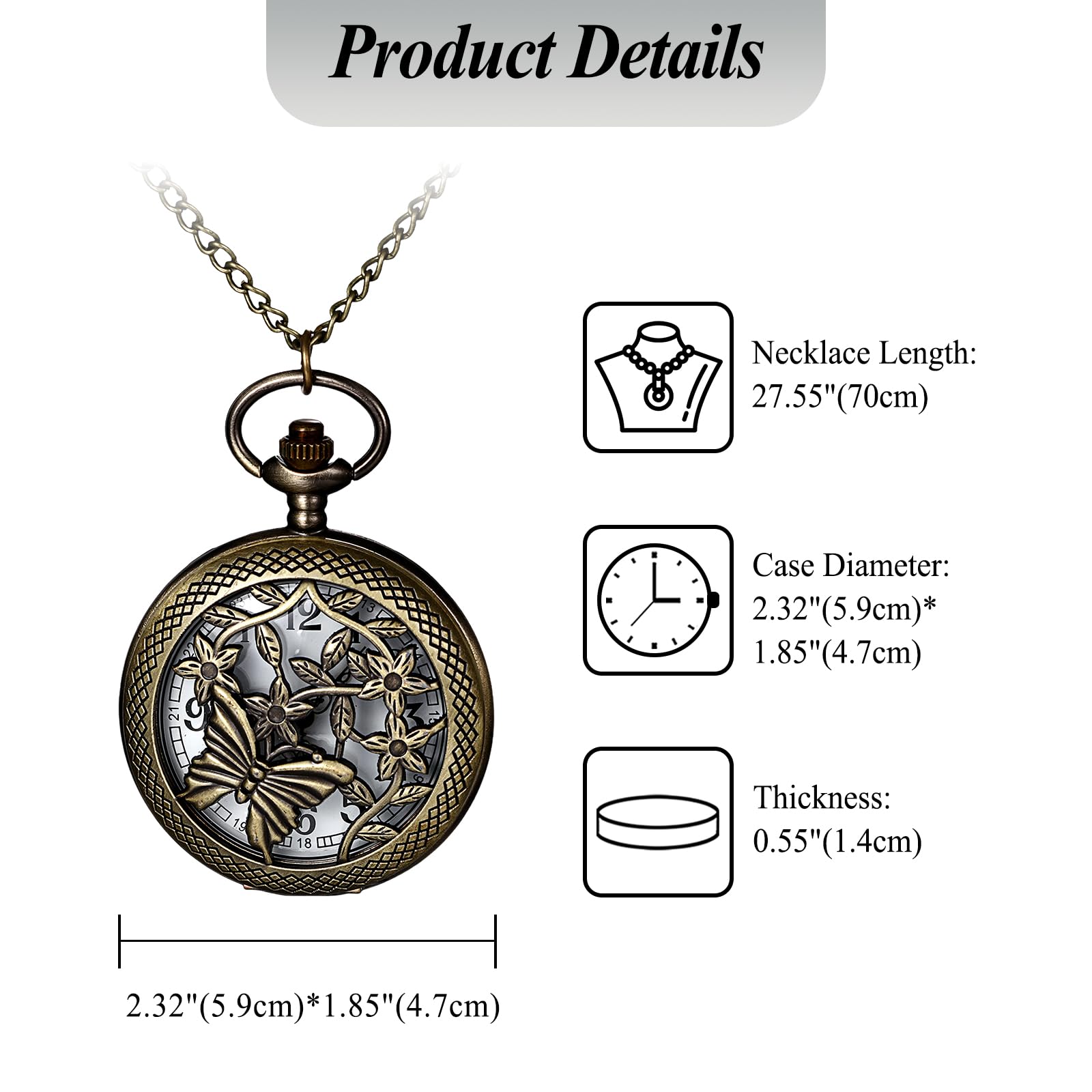 JewelryWe Taschenuhr Herren Damen Vintage: Retro Analog Quarz Kettenuhr Uhr Umhängeuhr mit Halskette Kette Pocket Watch Bronze Unisex Geschenk