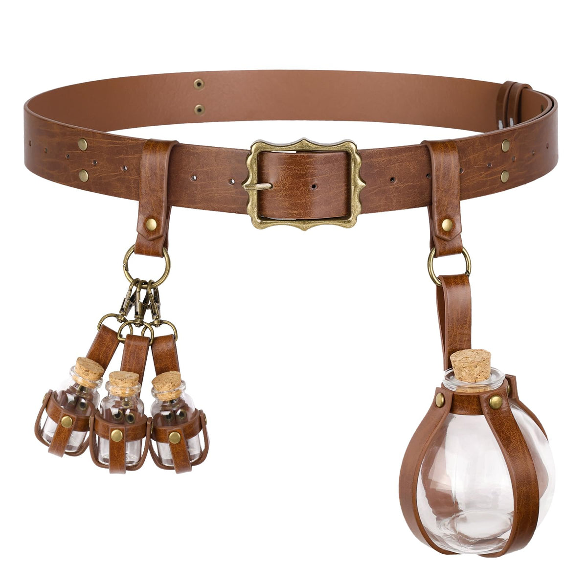 HiiFeuer 3-teiliges Set Mittelalterliche Alchemie Gürtel-Elixierflaschen,Fantasie Verstellbare Glasfläschchen, Hexen & Zauberer Kostüm für Ren Faire