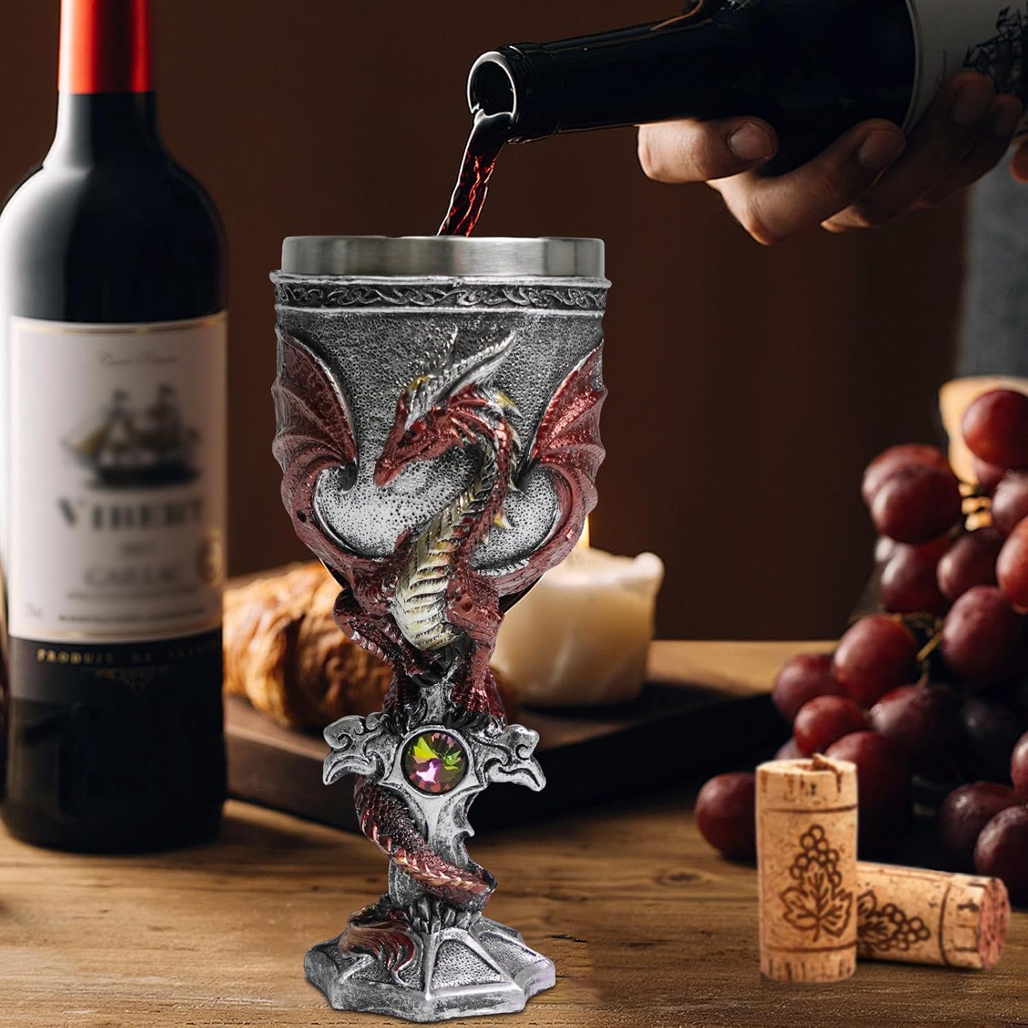 ZONSUSE Mittelalter Drache Kelch, Gotischer Drachen Kelch, Flugsaurier Edelstahl Weinkelch, Roter Drache auf Kreuzsockel, Magischer Dragon Goblet,Idee Geschenk für Fantasy Fans 200ml (Rot Goblet)