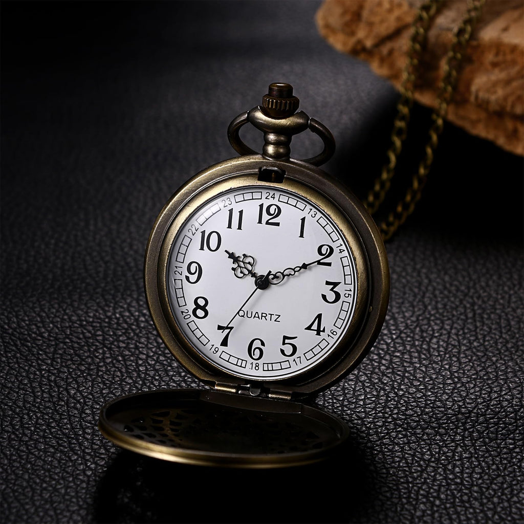 JewelryWe Taschenuhr Herren Damen Vintage: Retro Analog Quarz Kettenuhr Uhr Umhängeuhr mit Halskette Kette Pocket Watch Bronze Unisex Geschenk