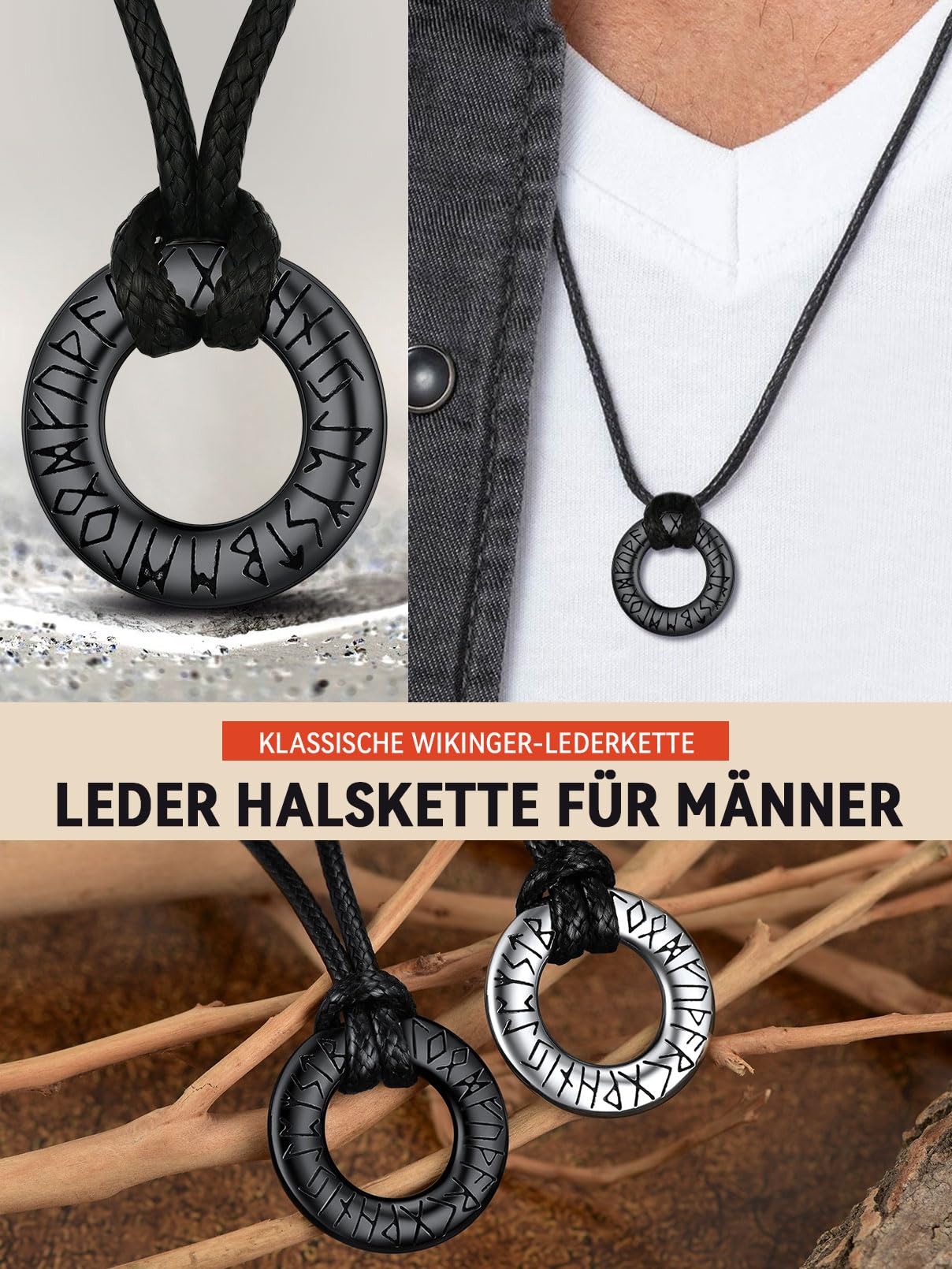 FaithHeart Lederkette Herren Damen Leder Halskette Männer Kette mit Runen Anhänger Edelstahl Lederband mit Mobius Rund/Dreieck/Unendlichkeit Kunstleder Lederhalsband verstellbar Wikinger Schmuck