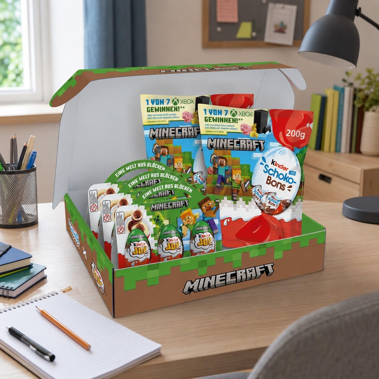 Kinder Minecraft Box – Geschenkbox mit 9 Kinder Joy Eiern, 2 x Kinder Schoko-Bons 200 g und gratis Figuren-Pappaufsteller