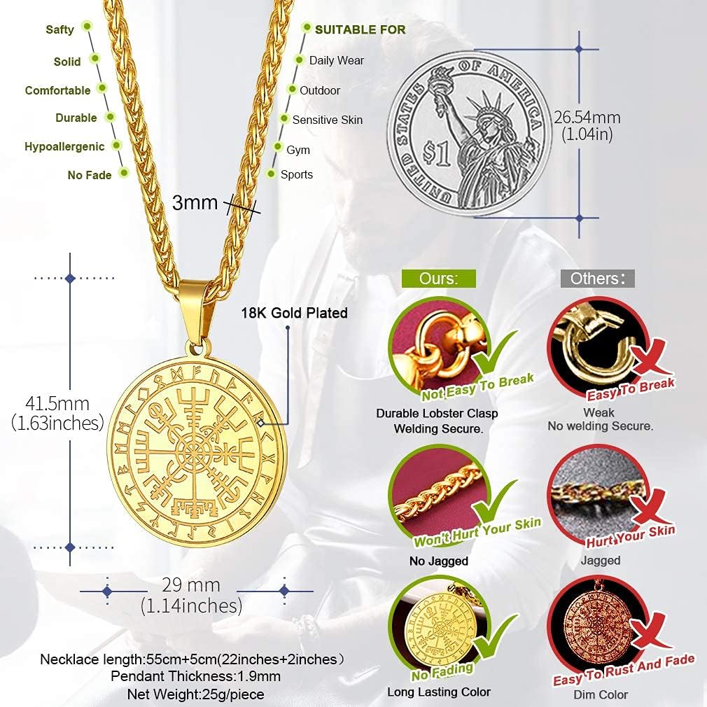 FaithHeart Wikingerhalskette für Herren, Vegvisir-Kompass, Edelstahl, Kette 55 + 5 cm, nordischer Mythologie-Schmuck